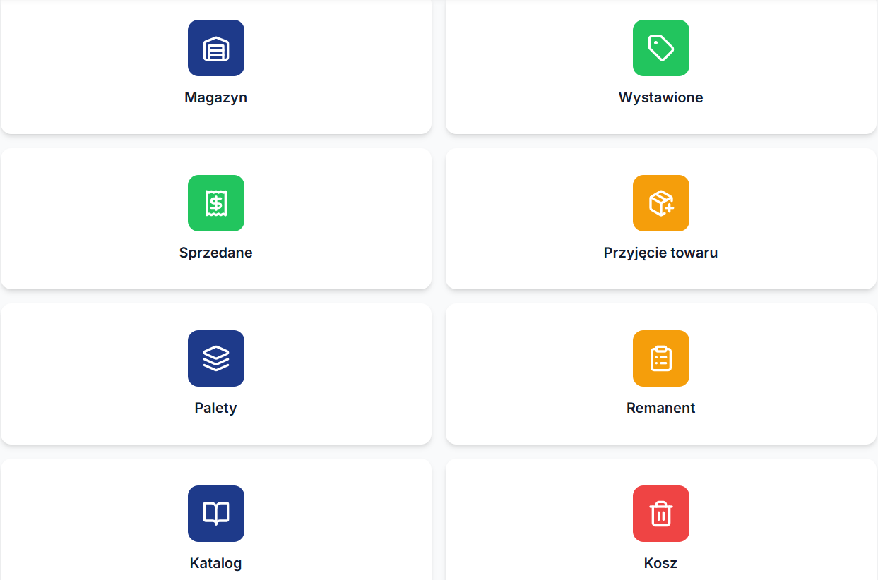 Panel główny magazynu z kafelkami funkcji